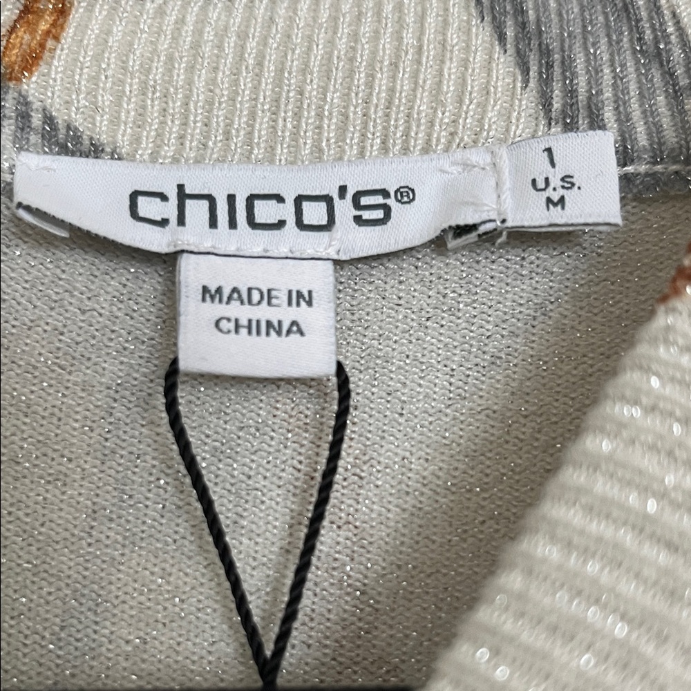 Chico's Cream Sweater with Gray and Gold Chain Print - Picture 2 of 5